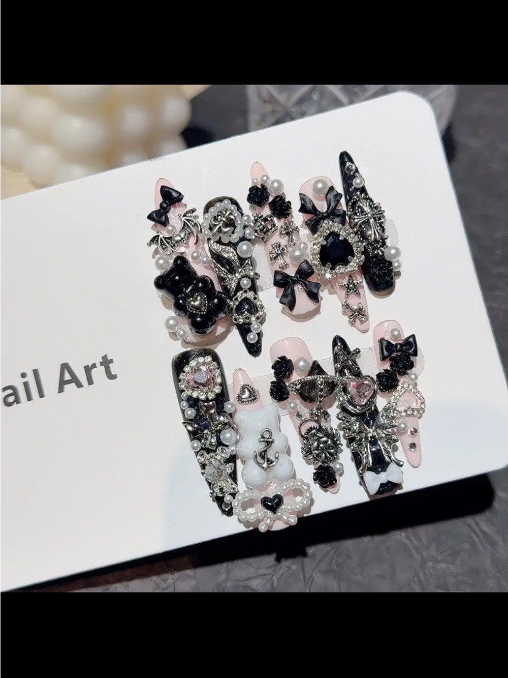 Pink and Black Embellished Press-On Nail Set with Pearls